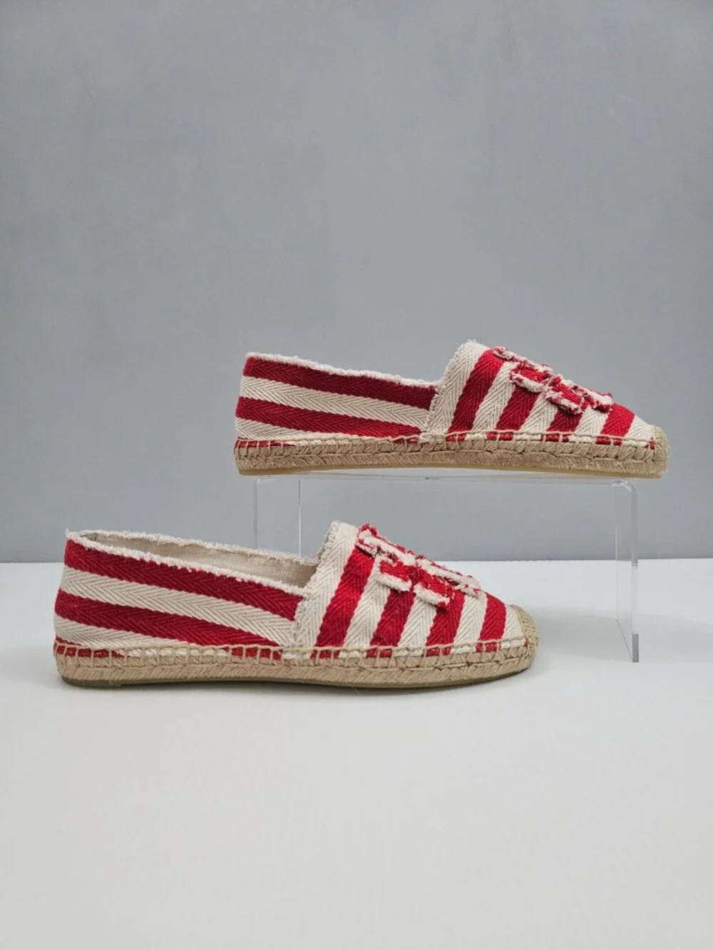 Tory Burch Fray Stripe Espadrille Flats Womens 7.5 Red White Logo Canvas Slip On